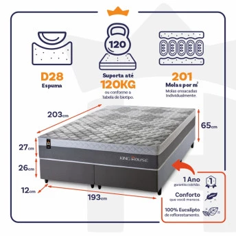 Conjunto Cama Box Molas Ensacadas Sheffield Cinza King 193x203x65