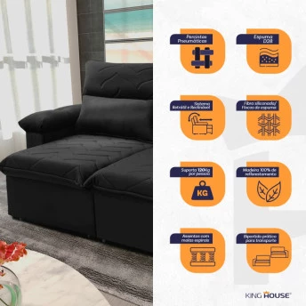 [drescricao-imagem]Sofá Retrátil Reclinável Paris Suede Velut Molas no Assento - King House
