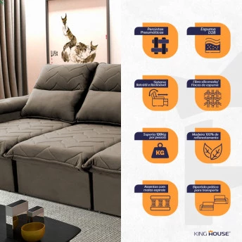 Sofá Retrátil Reclinável Paris Suede Velut Molas no Assento - King House