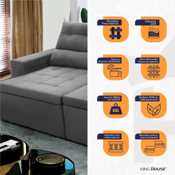 Sofá Retrátil Reclinável Arizona 2,30m Suede Velut Cinza Molas no Assento - King House