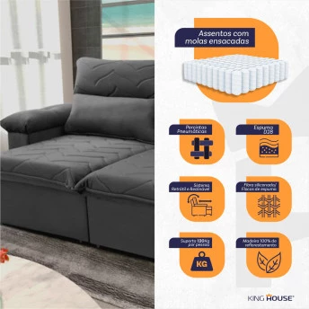 Sofá Retrátil Reclinável Paris Suede Velut Molas Ensacadas - King House