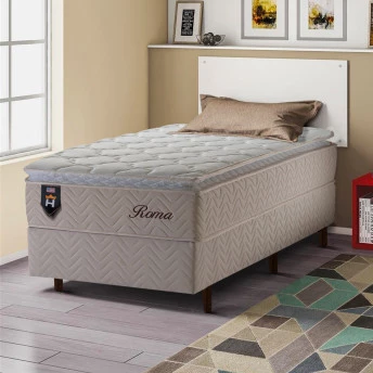 Conjunto Cama Box Solteiro Roma 96x203x71 Bege/Branco Molas Ensacadas