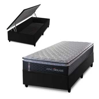 Conjunto Box Baú Solteiro Dakota Preto 96x203x64 Espuma D33