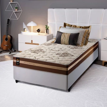 Conjunto Cama Box Espuma Chicago Marrom Solteiro 88x188x57