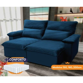  Sofá Retrátil Reclinável Paris 1,50m Suede Velut Azul Molas Ensacadas - King House