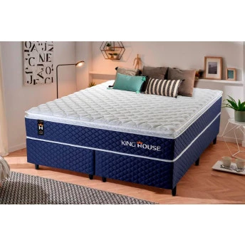 Conjunto Cama Box King Size Lagras 193x203x66 Azul Molas Ensacadas 